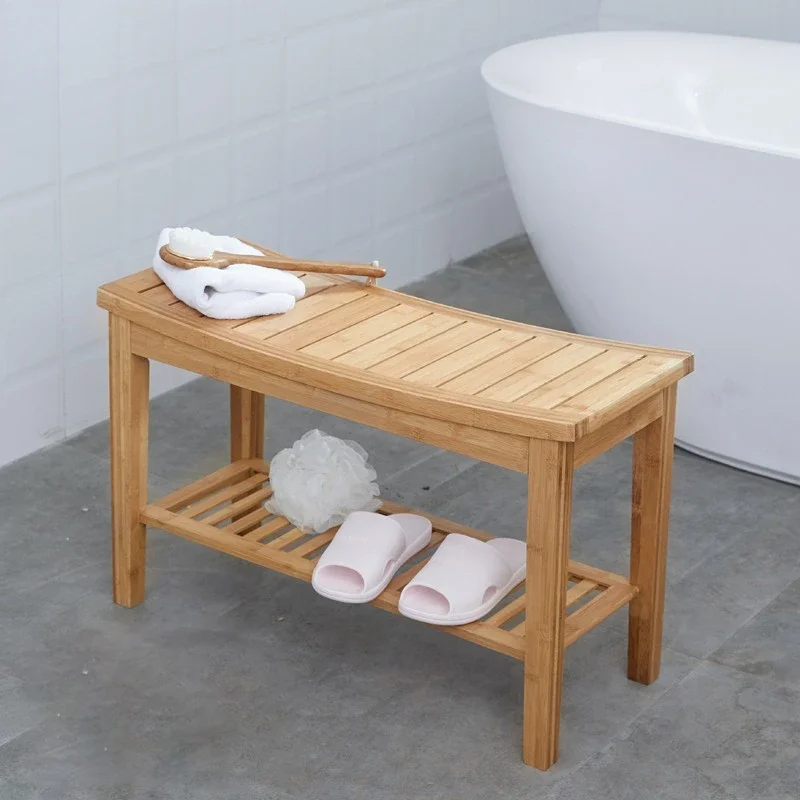 Douchekruk, 2 lagen badbank houten, badkruk met opbergplank voor oudere volwassenen, houten krukken om op te zitten (Size : 42x33x45cm