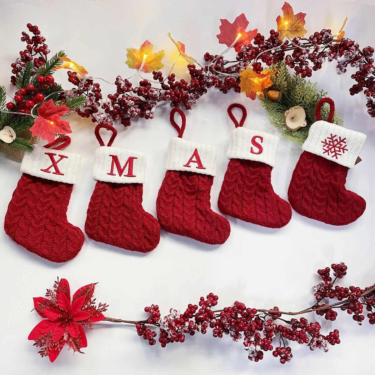 Christmas Socks Snowflake Alphabet Letters Knitting Stocking Tree Pendant Decoration For Home Xmas Gift
