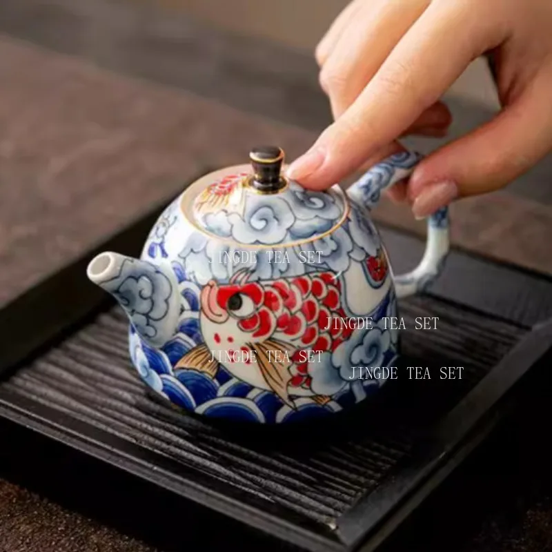 Jingdezhen Ceramic Teapot Tea Set 160ml Japanese Style Blue and White Dragon Fish Teapot Underglaze Colour
