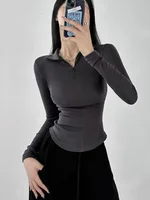 Zipper Polo Neck T Shirt for Women Plain Slim Spring Autumn Korean Clothing Woman Tshirt Luxury with Collar Synthetic Original - Image 2
