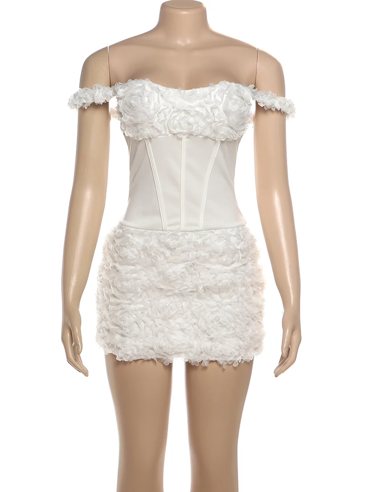 Nibber 3d Flowers Dress Women Slash Neck Fake Fish Bone Decoration Zipper Patchwork Sweet Birthday Party Fashion Mini Bodycon