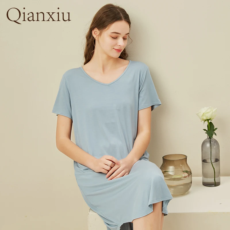 2021Women's Robe Baboo Fiber Round Collar Short Sleeve Nightdress  Ladies Sexy Sleepwear  Plus Size Pajamas Night Wear Camisola