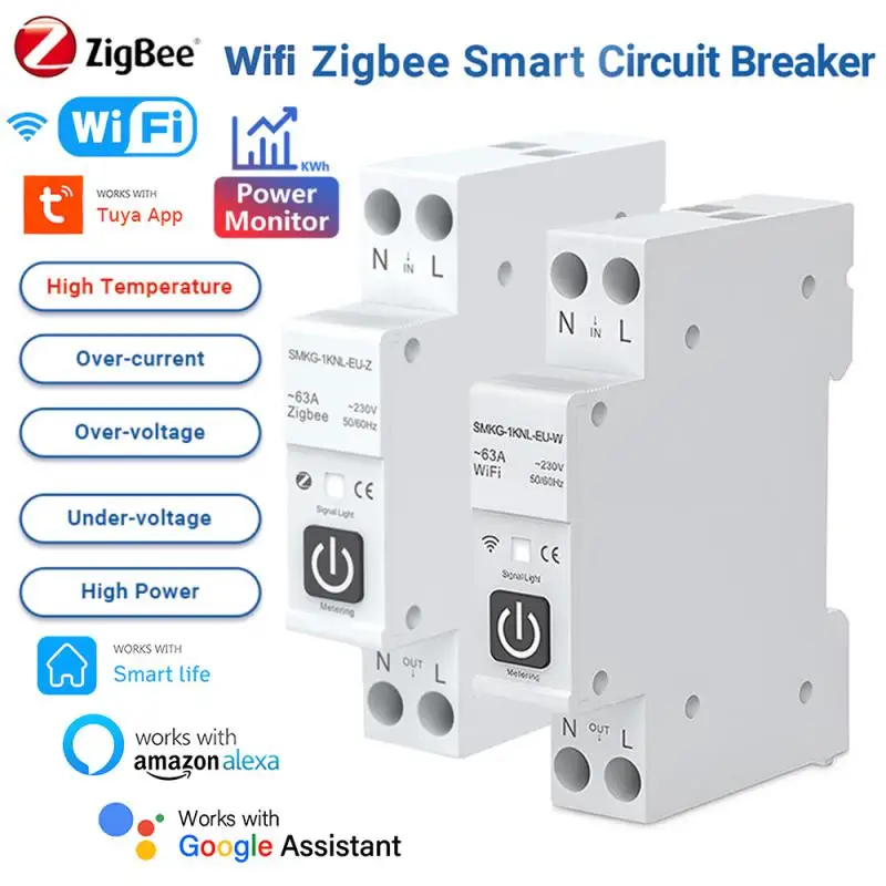 Tuya Zigbee Wifi Smart Circuit Breaker Con Misurazione 1P 63A Din Rail Smart Switch Smart Home Tramite Smart Life Tramite Alexa Google