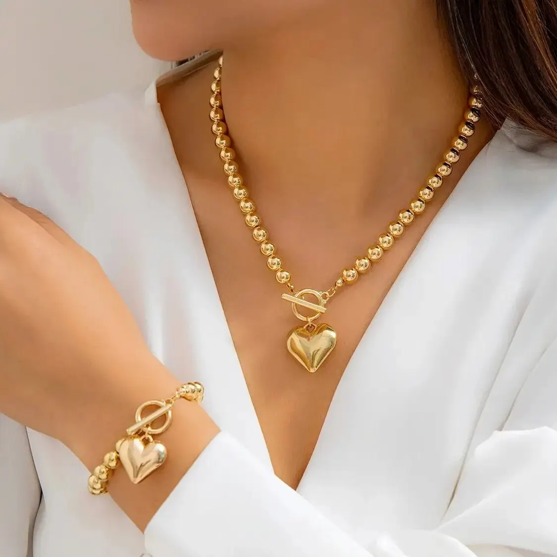 Jewelry Sets 2Pcs Luxury Gold Color Beads Heart Pendant Necklace Bracelet Women Punk Vintage OT Buckle Choker Wedding Party Jewelry Set