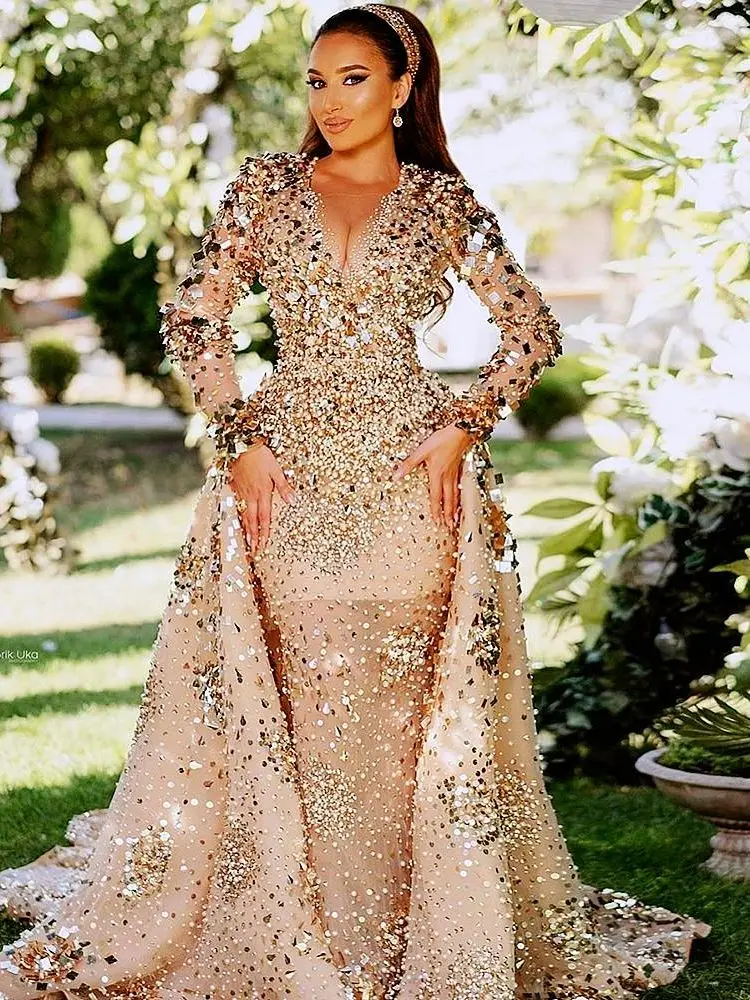 Sexy Evening Gowns For Arabic Women Aso Ebi Style Long Sleeves Prom Dresses Beaded Sheer Neck Luxury Custom Robes De Soirée 2023