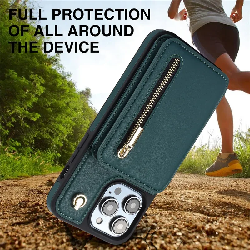 Lanyard Leather Zip Wallet Card Phone Case with Hand Rope Flip Cover