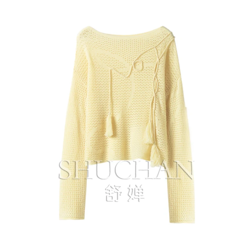 

Hollow tassel jacquard sweater cashmere top 100% cashmere slash collar sweater mujer summer sueters de mujer