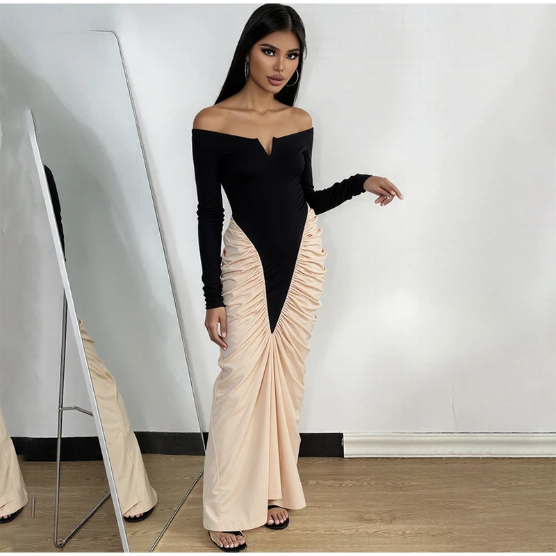 Frauen Patchwork Off-Schulter Midi Kleid Volle Hülse Drapierte Rüschen Unregelmäßige Kleider 2025, Weibliche Neue Tägliche Abend Party robe – Detail 13