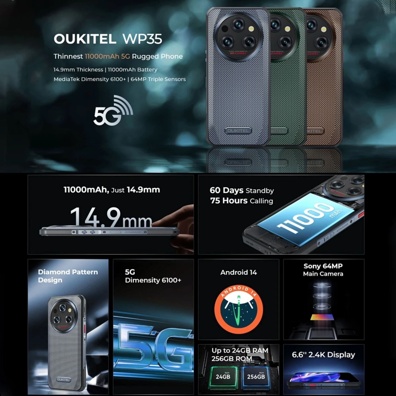 Oukitel WP35 Rugged Phone 24GB+256GB 6.6" 2.4K Display 11000mAh Mobile Phone Android 14 64MP Rear Camera NFC 5G Smartphone
