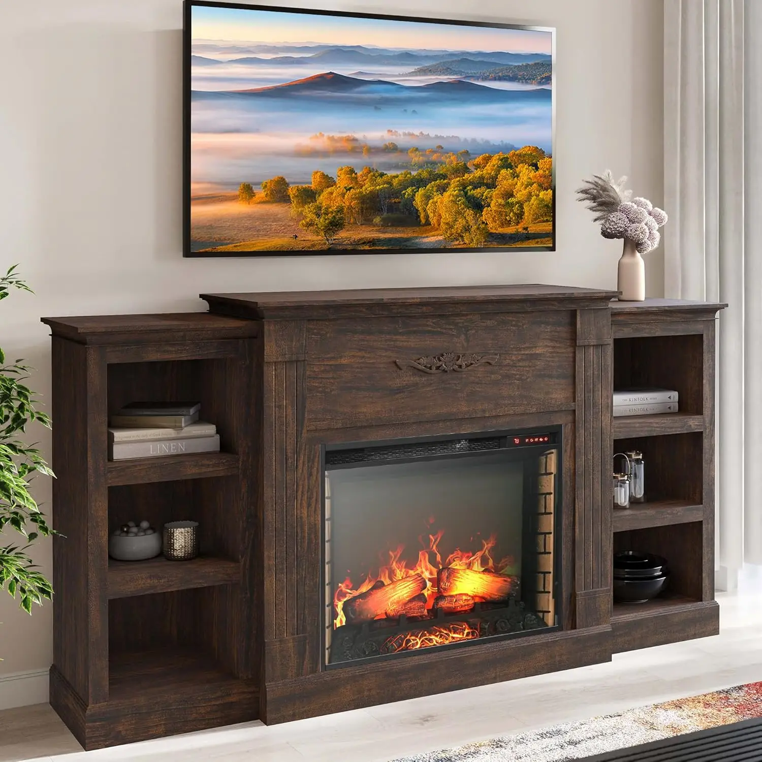 Modern 70" Electric Fireplace Heater Mantel TV Stand & Media Entertainment Center for TVs up to 68" with Energy-Efficient Heater