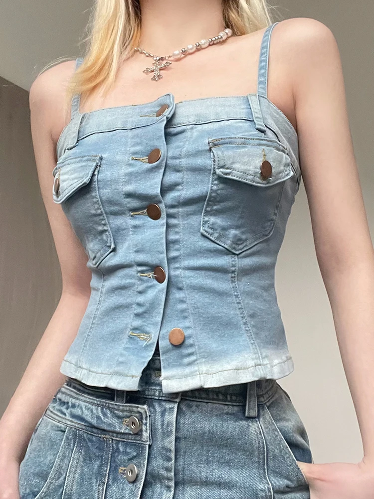 

y2k Pockets Jeans Corset Top Single-Breasted Mini Vest Women Cute Fashion Sweats Do Old Korean Sweats Tanks Summer 90s
