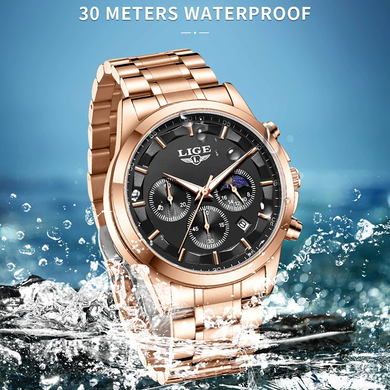 LIGE New Sports 24 Hour Moon Phase Chronograph Wrist Watch For Men Fashion Business Waterproof Luminous Men's Quartz Watches