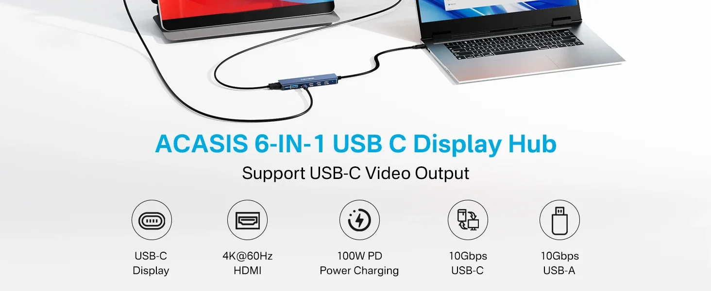 ACASIS USB C HUB 4K60Hz HDMI 6-in-1 PD 100W USB 3.1 10Gbps Multiport Adapter Splitter für Laptop MacBook Air Pro Samsung Dell HP – Detail 2