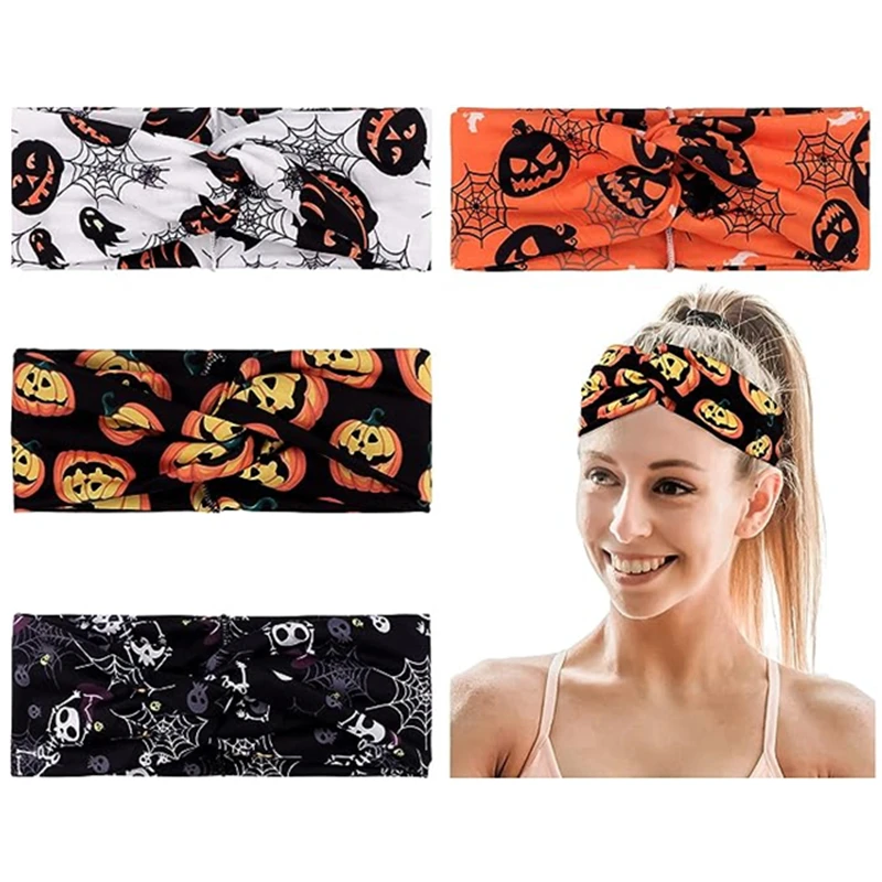 Wide Halloween Headbands Skull Pumpkin Elastic For Women Girls Twisted Spider Bat Head Band Wraps Dress Up Costume Cosplay Party