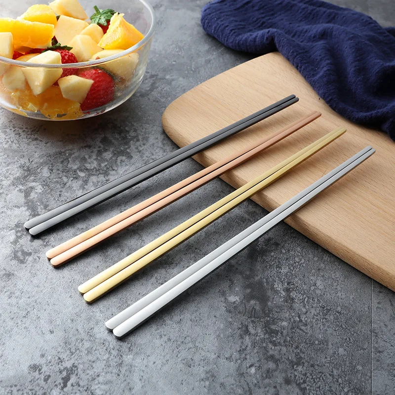

1 Pair Korean Style Flat Chopsticks Gold/Silver/Black 304 Stainless Steel Mirror Polished Chopsticks Household Tableware
