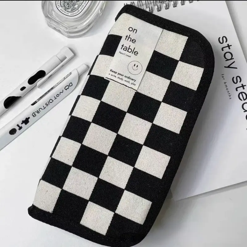 Ins Black and White Checkerboard Grid Large Capacity High Value Storage Pencil Bag Stationery Box 20cm pencil cases pen storage bag stationery box