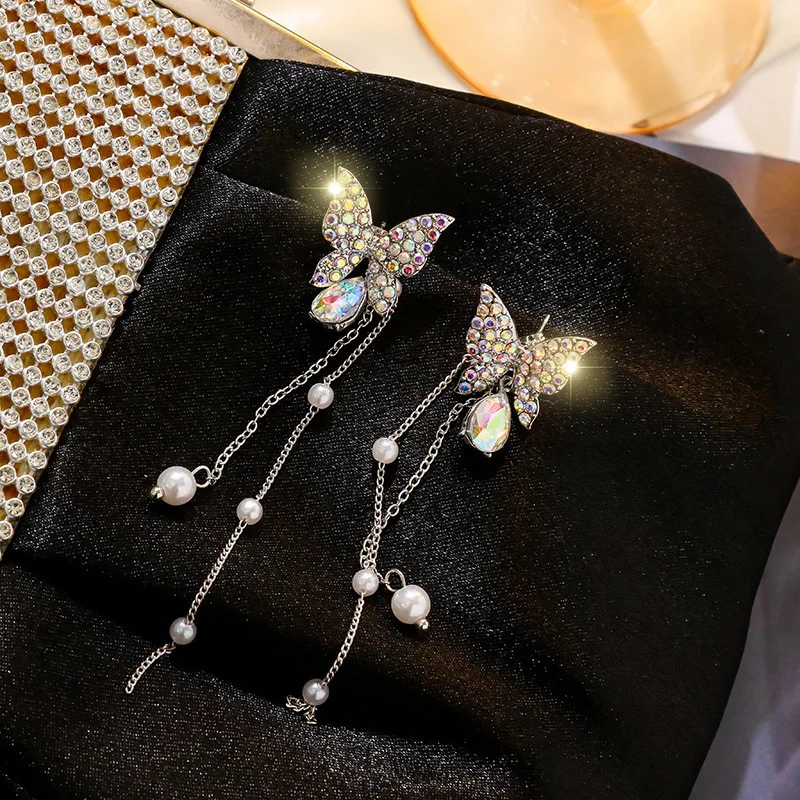 S265ad0d6e620442980600eb975f64d49l 925 Silver Needle Korean Purple Crystal Butterfly Earrings For Women Jewelry Trending Luxury Long Pearl Tassel Earrings Mallzona