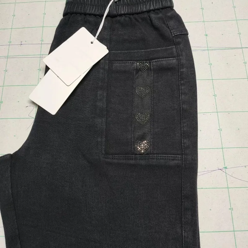 Women's Autumn and Winter 2024 New Spliced Rivet Elastic High Waist Pocket Versatile Slimming Elastic Small Feet Cow Pants