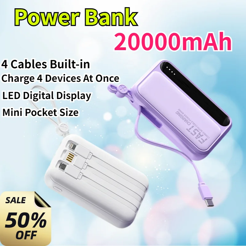 PowerBank 20000mAh Portable Charger Mini External Battery Pack Power Banks LED Display for IPhone Samsung Built in 4 Cables