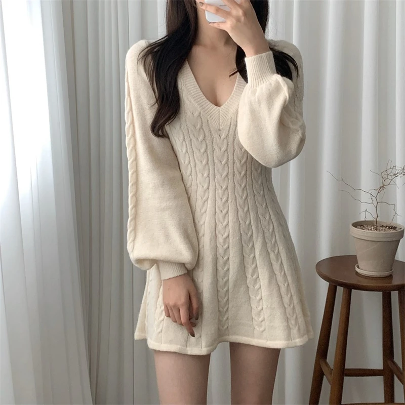 

New Korean Fashion Slim Knitted Dress women V-neck Lantern Sleeve Twist Mini Sweater Dresses Autumn Winter Vestidos Harajuku Y2k