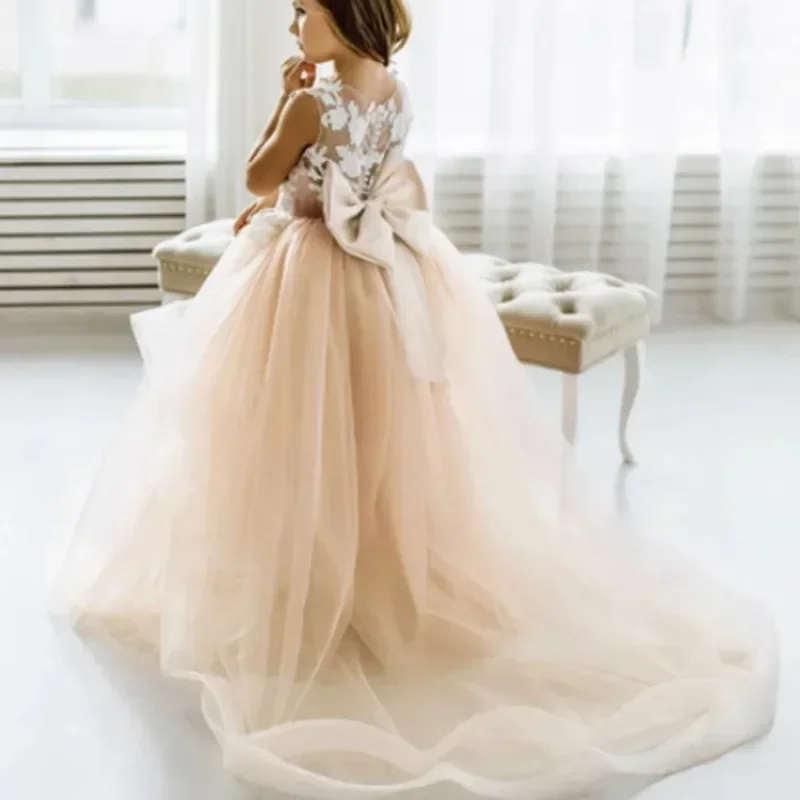 

Tulle Puffy Flower Girl Dress Appliques Bow with Detachable Tail Princess Baby Girl Birthday Party First Communion Wedding Gown