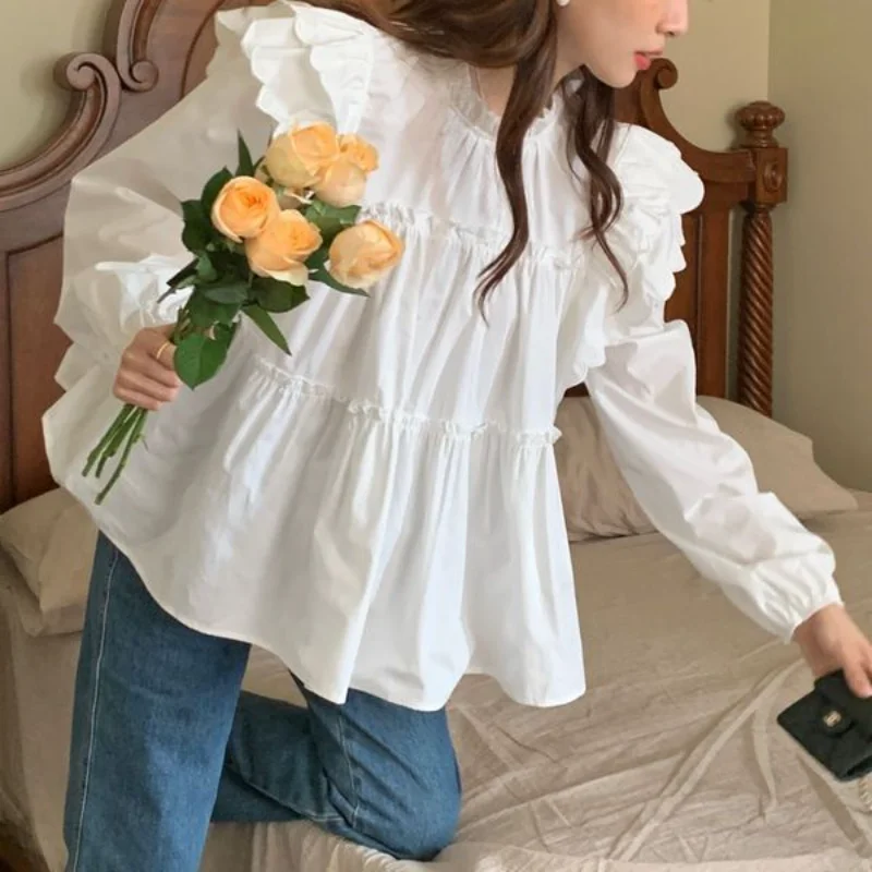 여성용 헐렁한 블라우스, 프렌치 스타일리시 단색 디자인, 올매치 대학 레저 패션 의류, 빈티지 연인, 봄