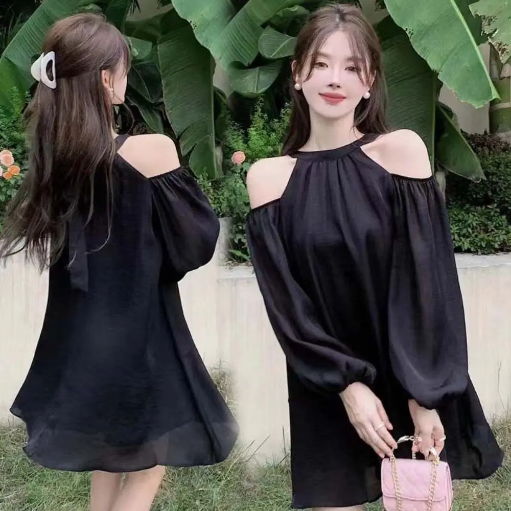 Fashion Lantern Sleeve Off Shoulder Halter Dress Thin Korean Style Halter Mini Dress Elegant Beachwear A-line Short Skirt Party