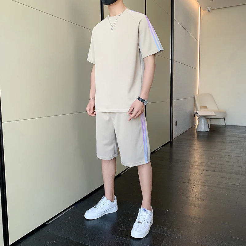 2024 Summer Casual Suit Men's Top 100% Fashion Cotton Short-sleeved Long Tracksuit Pants Street Wear 2-piece Men's Wear Shorts