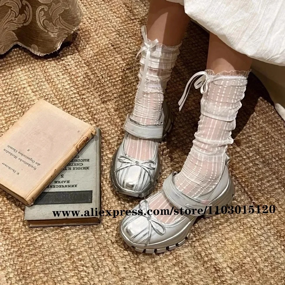 Silver Butterfly Knot Hook&Loop Shallow Casual Shoes2024 Summer New All-Match INS Fashion Shoes Round Toe Thick Sole Y2K Shoes