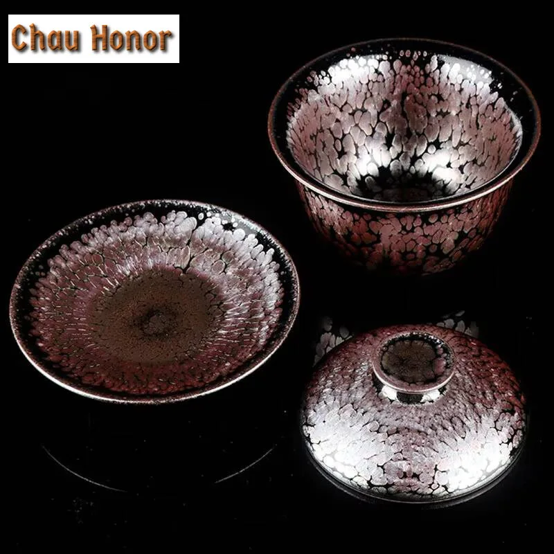 150ml Boutique Oil Droplets Raw Ore Iron Tire Jianzhan Ceramic Sancai Gaiwan Handmade Tea Tureen Kung Fu Tea Bowl Gift Packaging