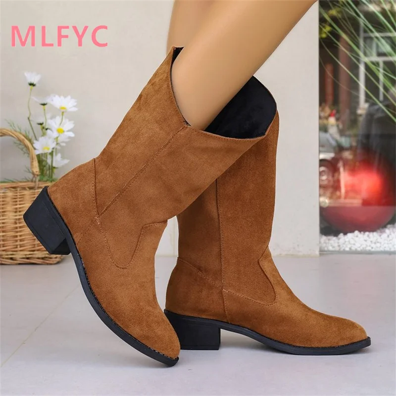 Women's Foreign Trade Large Round Toe Thick Heel Mid Sleeve Boots Female Winter New Lightweight Comfortable Non Slip Women Boots