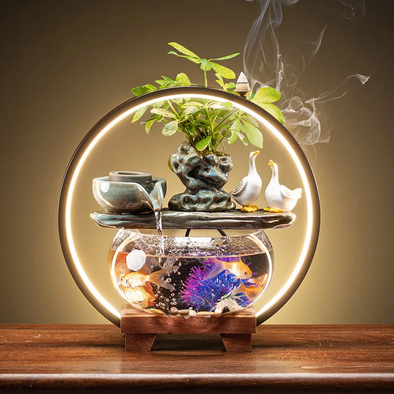 

Creative Circulating Water Glass Fish Tank Desktop Decor Small Flower Pot Home Decoration with Lamp Ring Backflow Incense Burner