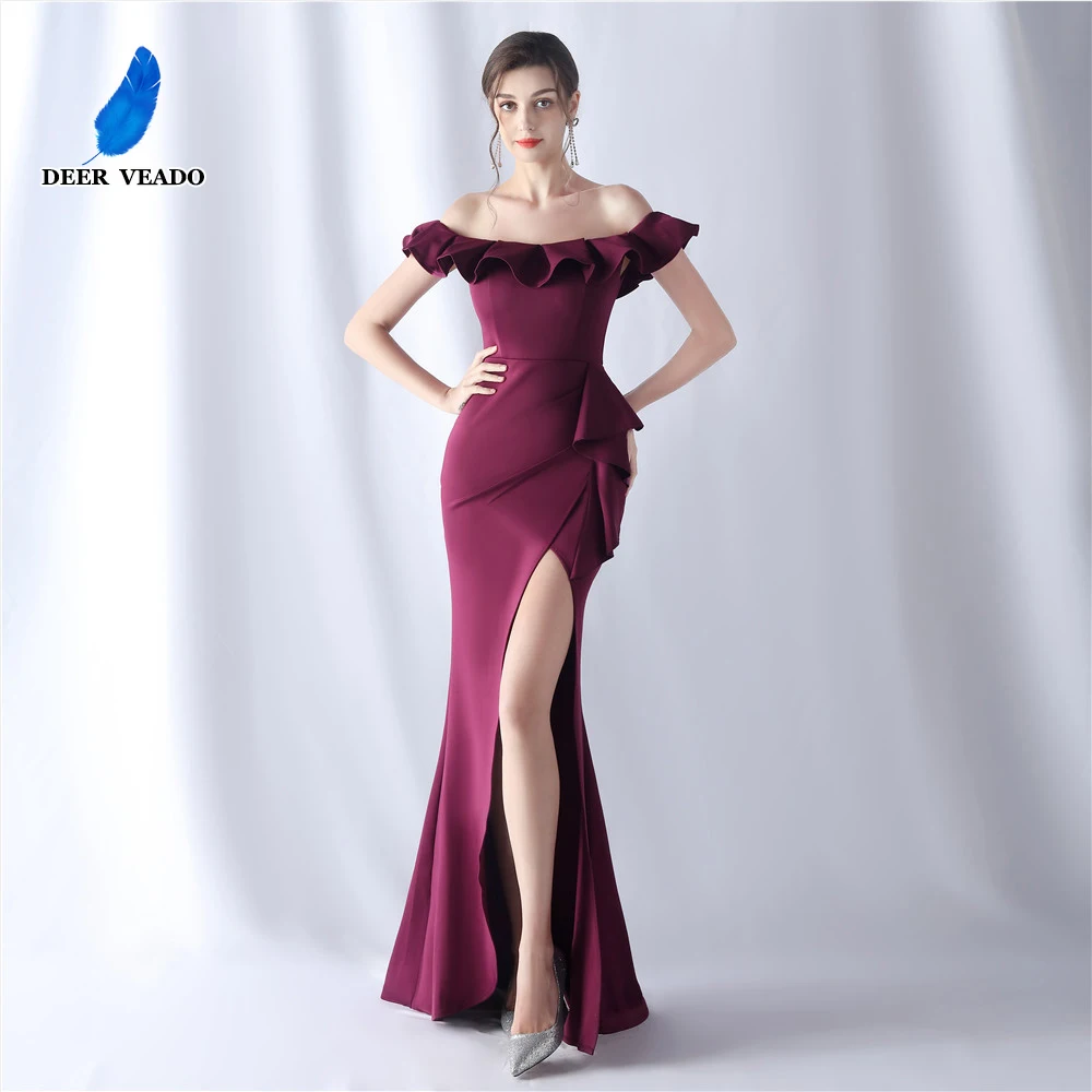 

DEERVEADO Boat Neck Mermaid Evening Dress Long Women's Soft Satin Special Occasion Party Maxi Dress Prom Gown