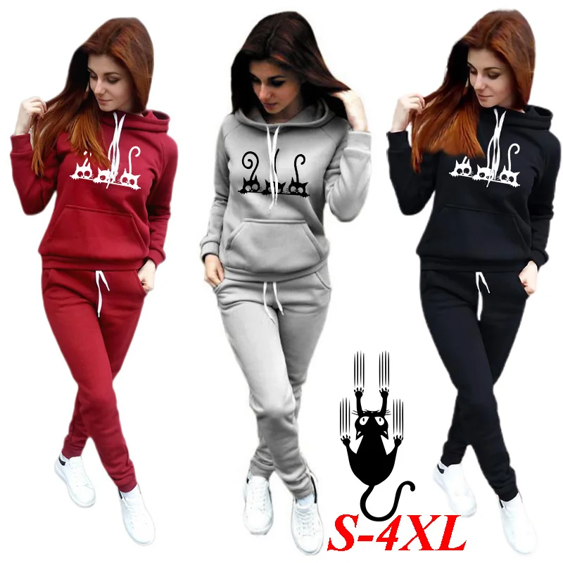 New Style Women's Tracksuit Hoodies&ampSweatpants Classic Ladies Daily Casual Sports Jogging Suit Cute Cat Printed Home Pajamas Set |