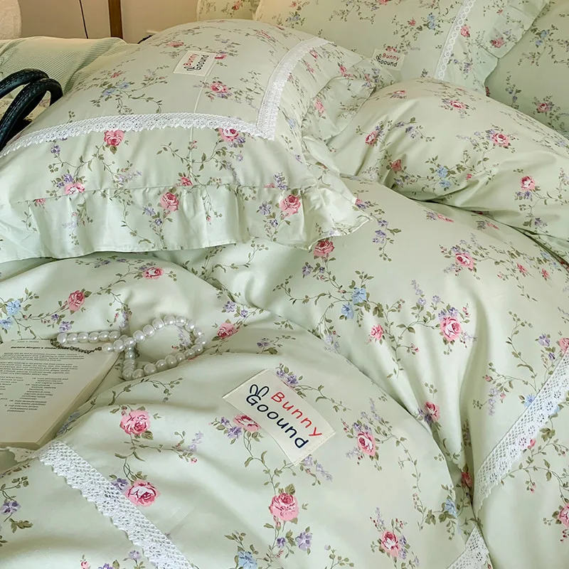 100% Cotton Spring Garden Flowers Botanical Chic Ruffles Soft Comfortable Double Queen (1Duvet Cover+1Bed Sheet+2Pillowcases) 5