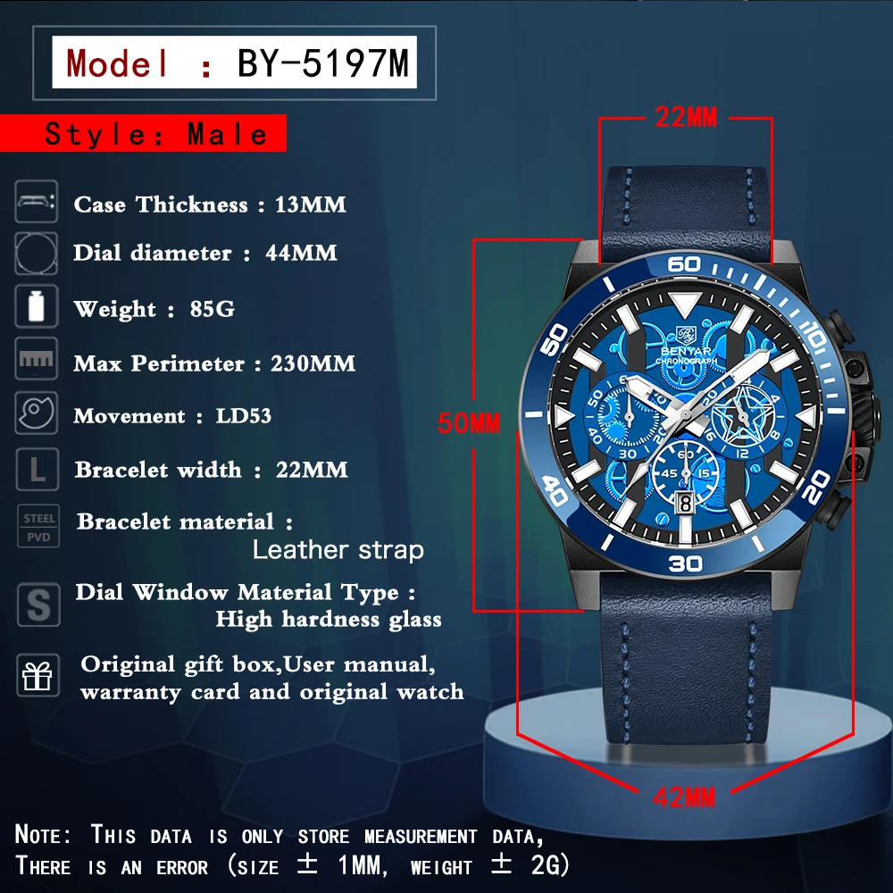BENYAR Mens Watches Top Brand Luxury Quartz Watch For Men Sports Chronograph Waterproof Leather Luminous Clock Reloj Hombre 2023