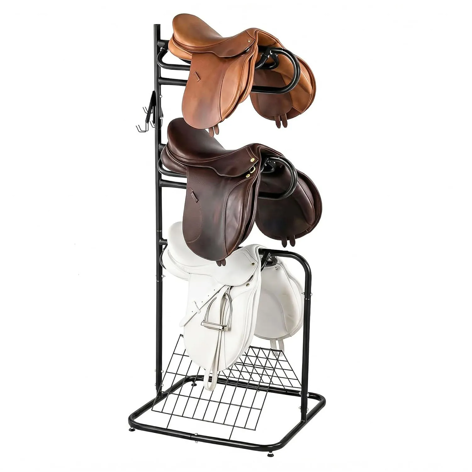 Heavy Duty 3 Tier Freestanding Saddle Rack Stand, 76cm x 76cm x 173cm Rotatable & Removable Arms, Horse Tack Organizer for English & Western Saddles, Blankets & Gear, Black Stable Storage