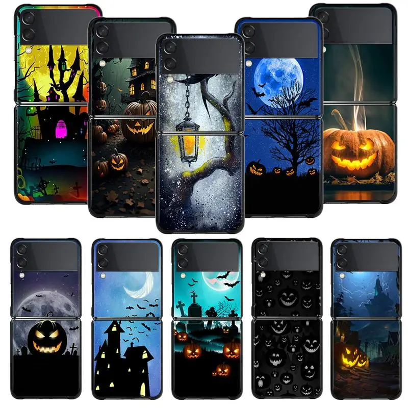 Custodia Per Samsung Galaxy Z Flip 5 Z Flip 4 Z Flip3 5G Shell Per Galaxy Z Flip Hard Cover Halloween Black Raven Bat Pumpkin Head