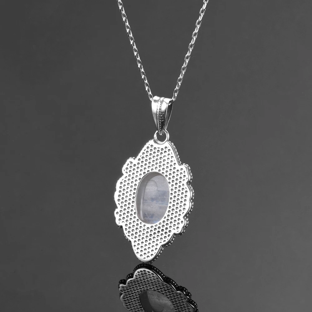 Pure Sterling Silver Vintage Oval Rainbow Moonstone Pendants Necklaces Women's Handmade Fine Jewelry Gifts