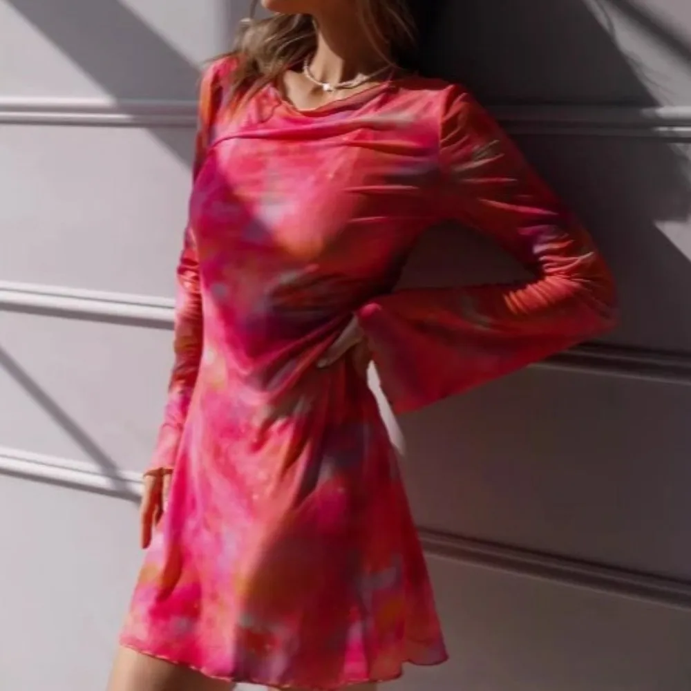 Summer Sheer Mesh Swimsuit Cover Up Long Bell Sleeves Mini Dress Bikini Cover Up Thin Round Neck Beach Bodycon Dress 1