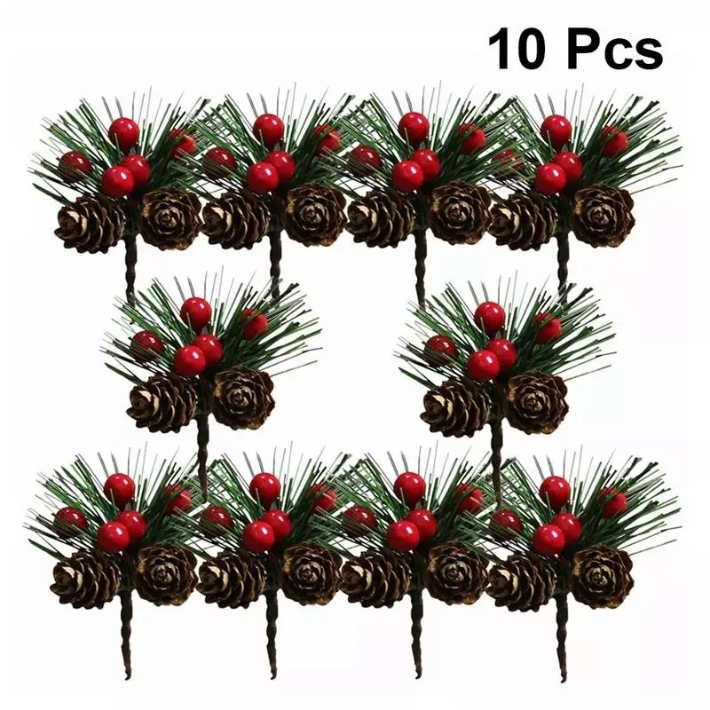 

10PCS Artificial Flower Red Christmas Berry Pine Cone Holly Branches Decoration for Home Floral Decor Crafts
