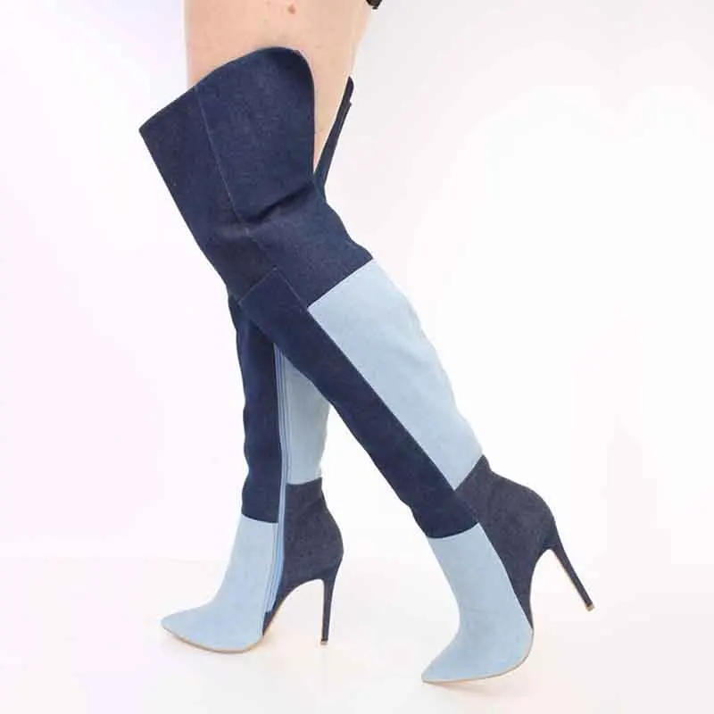

Color Block Denim Thick Heel Silp On Over The Boots Canvas Material Long Botines Pointed Toe Botas Femininas Women Shoes
