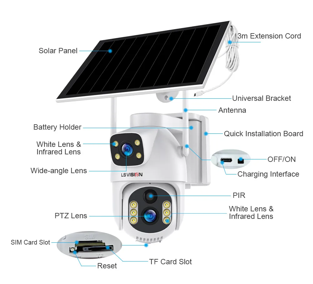 LS VISION 8MP 4G SIM Solar Camera Dual Lens Outdoor Security Cameras CCTV PIR Hu
