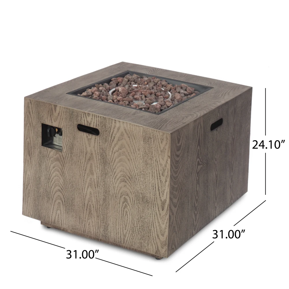 Outdoor Patio Gas Burning Fire Pit-50, 000 BTU Tank Inside, Square, Iron Wood Pattern, Brown
