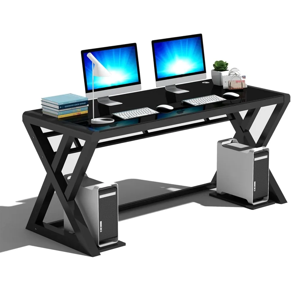Computer Desk Home Office Desks, 55.1 Inch Modern Simple Office Black Glass Desk Computer Table Study Gaming Writing Desk, Fash 3