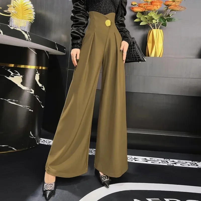 Elegant Office Lady Wide Leg Pants Korean Design Flower Button High Waist Pantalones Baggy Spring Summer Straight Spodnie New