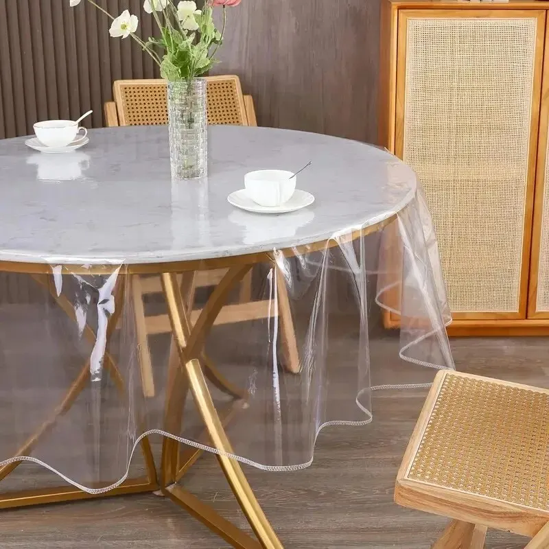 Table Protector Transparent Table Protector Tablecloth Lock Edge Round Waterproof Oil Resistant PVC Cover Stain Proof Wipeable Room Decorative