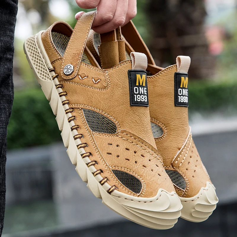 

Мужские летние кожаные сандалии, дышащие мягкие шлепанцы, модные тапочки на платформе, для улицы