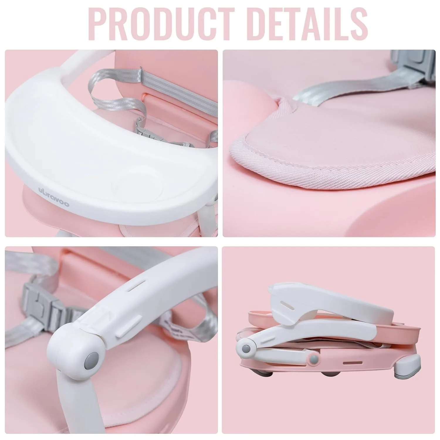 Portable 3-in-1 Foldable Baby Booster Seat with Removable Tray