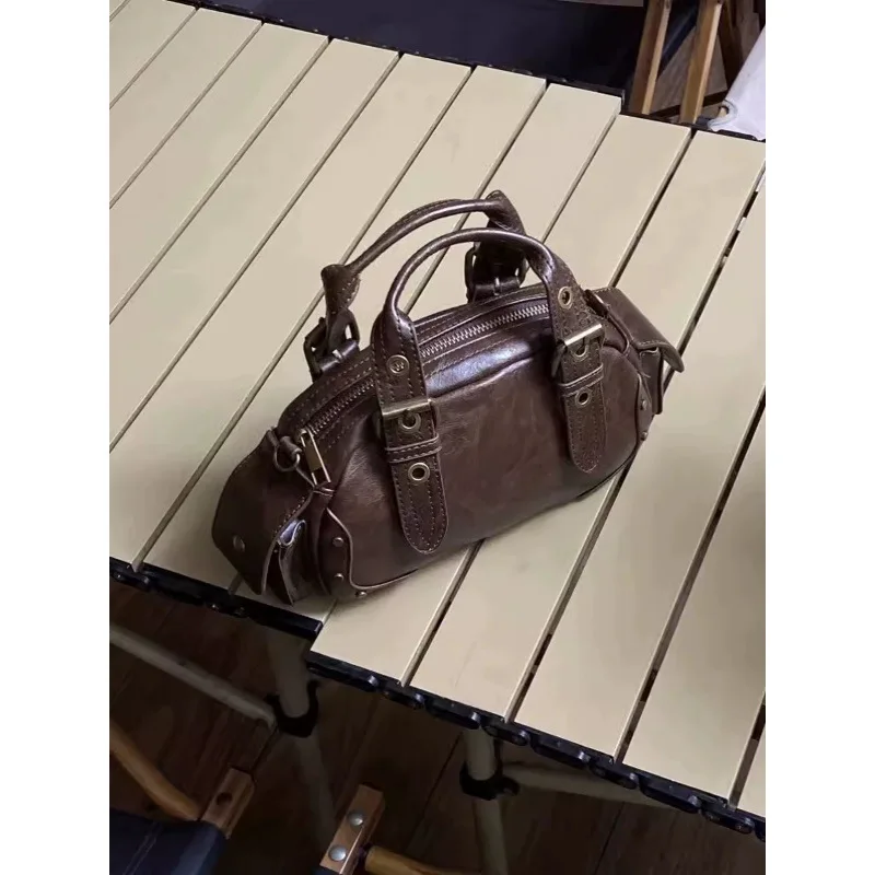 Small Niche Design Retro Hand-Held Motorcycle Bag For Women 2024 New Fashion Trend Bowling Single Shoulder Crossbody Bag